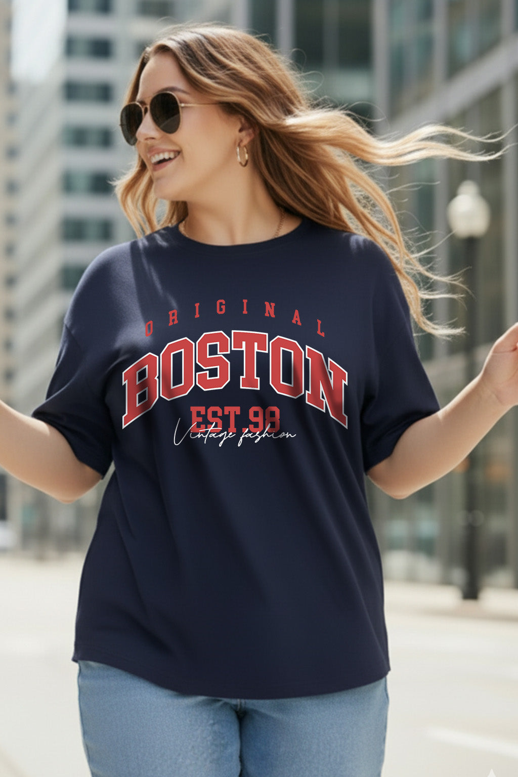 Boston Navy Plus Size Printed T-shirt