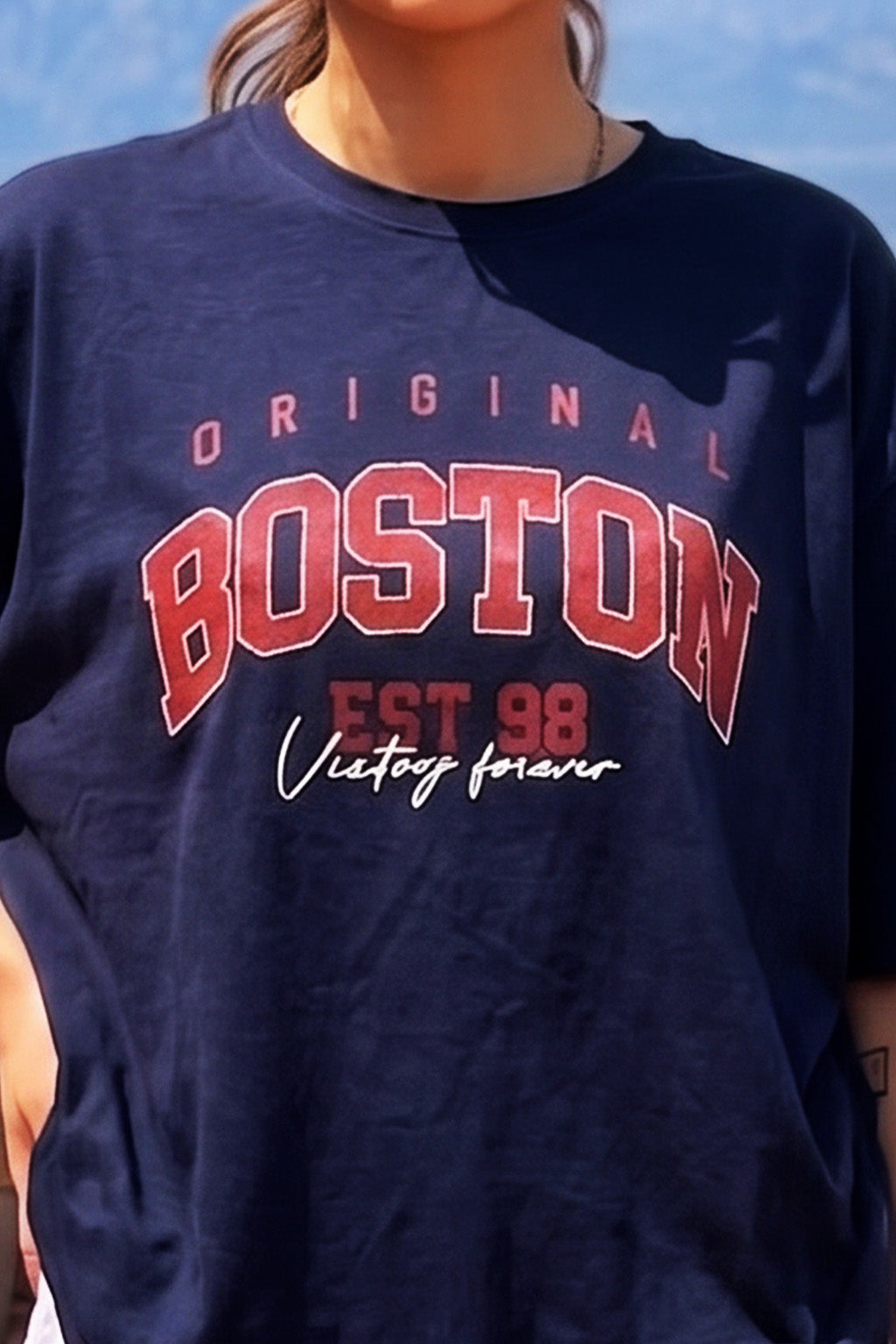 Boston Navy Graphic Printed Oversized T-Shirt