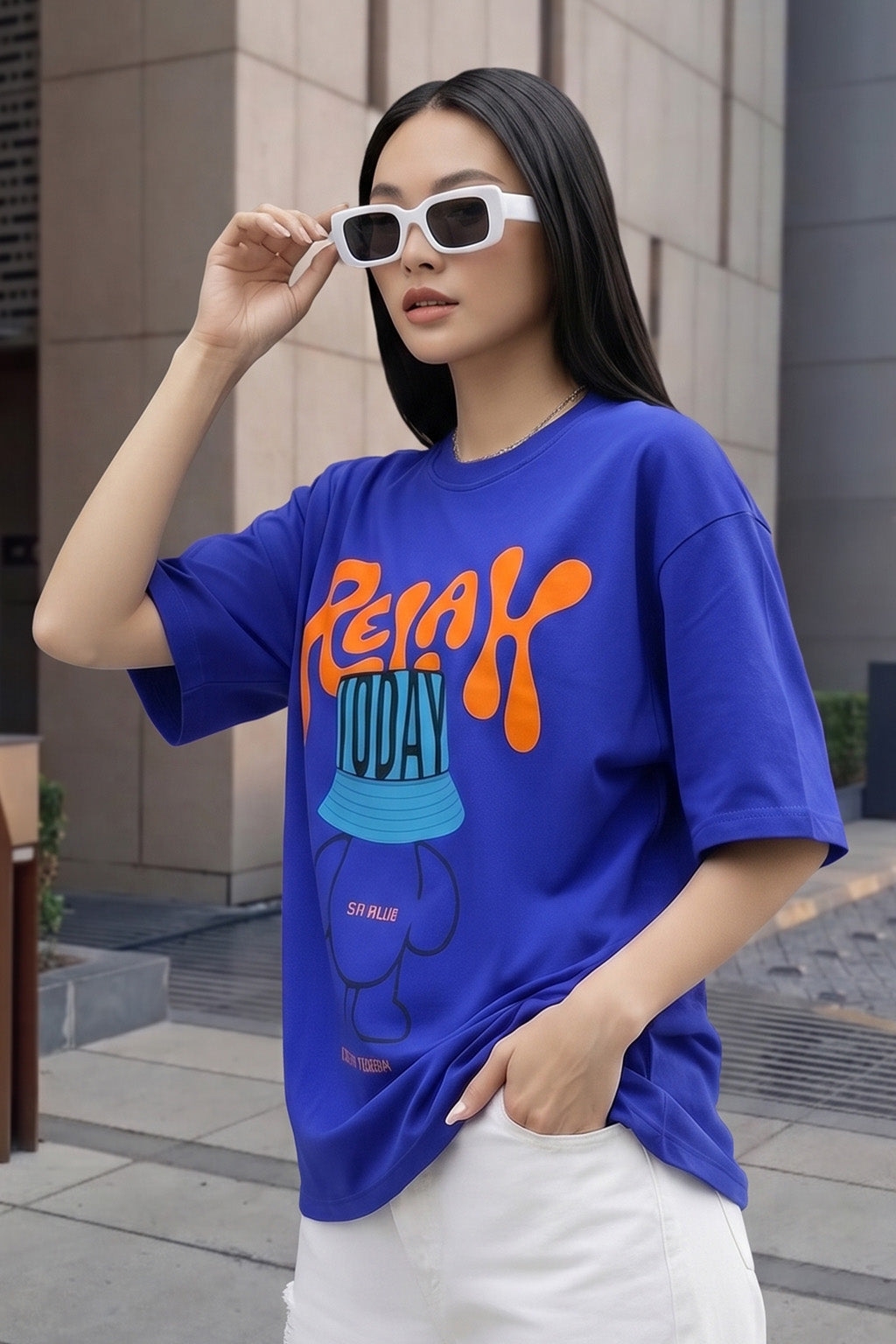 Relax Today Graphic Printed Oversized Fit Royal Blue T-Shirt