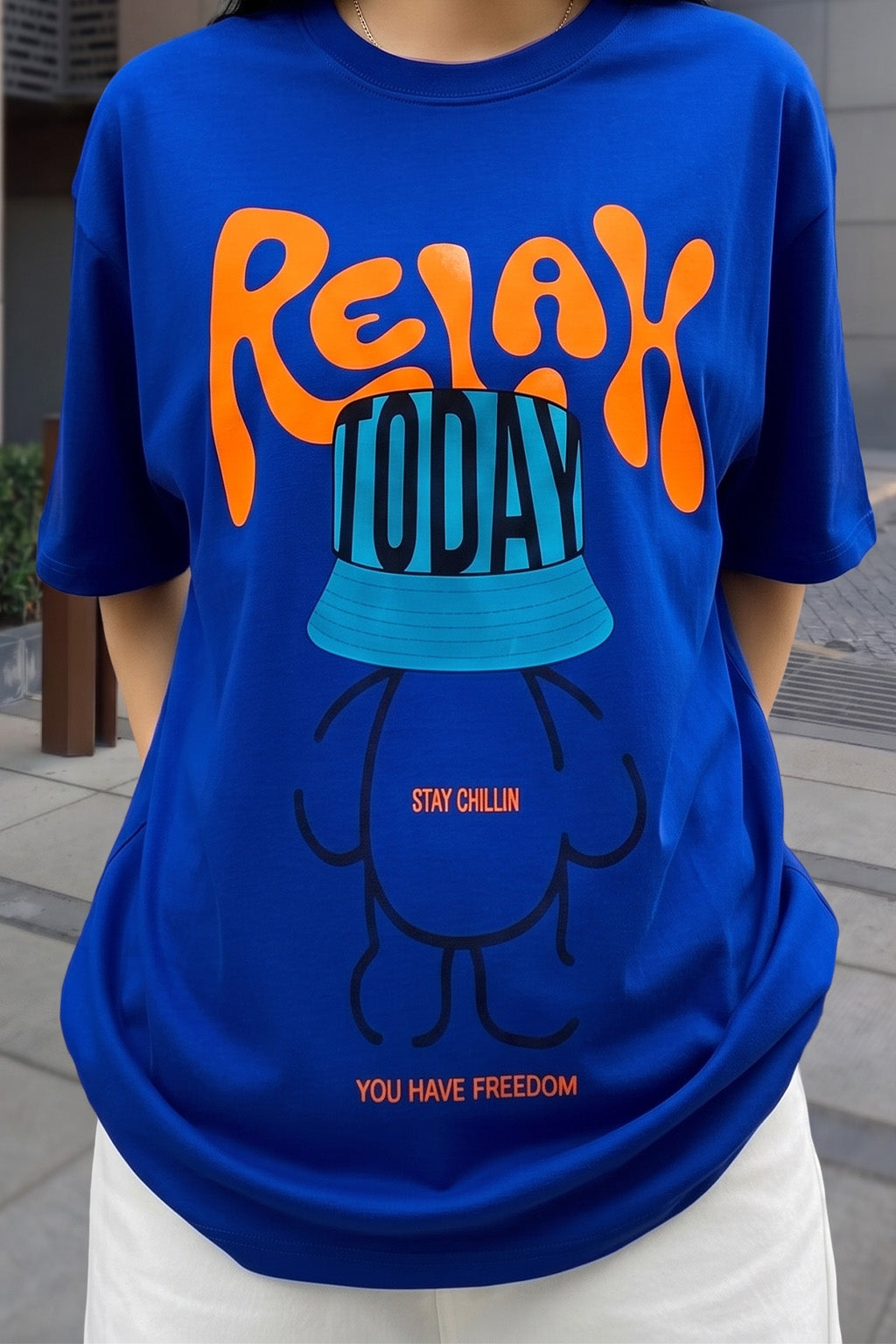 Relax Today Graphic Printed Oversized Fit Royal Blue T-Shirt