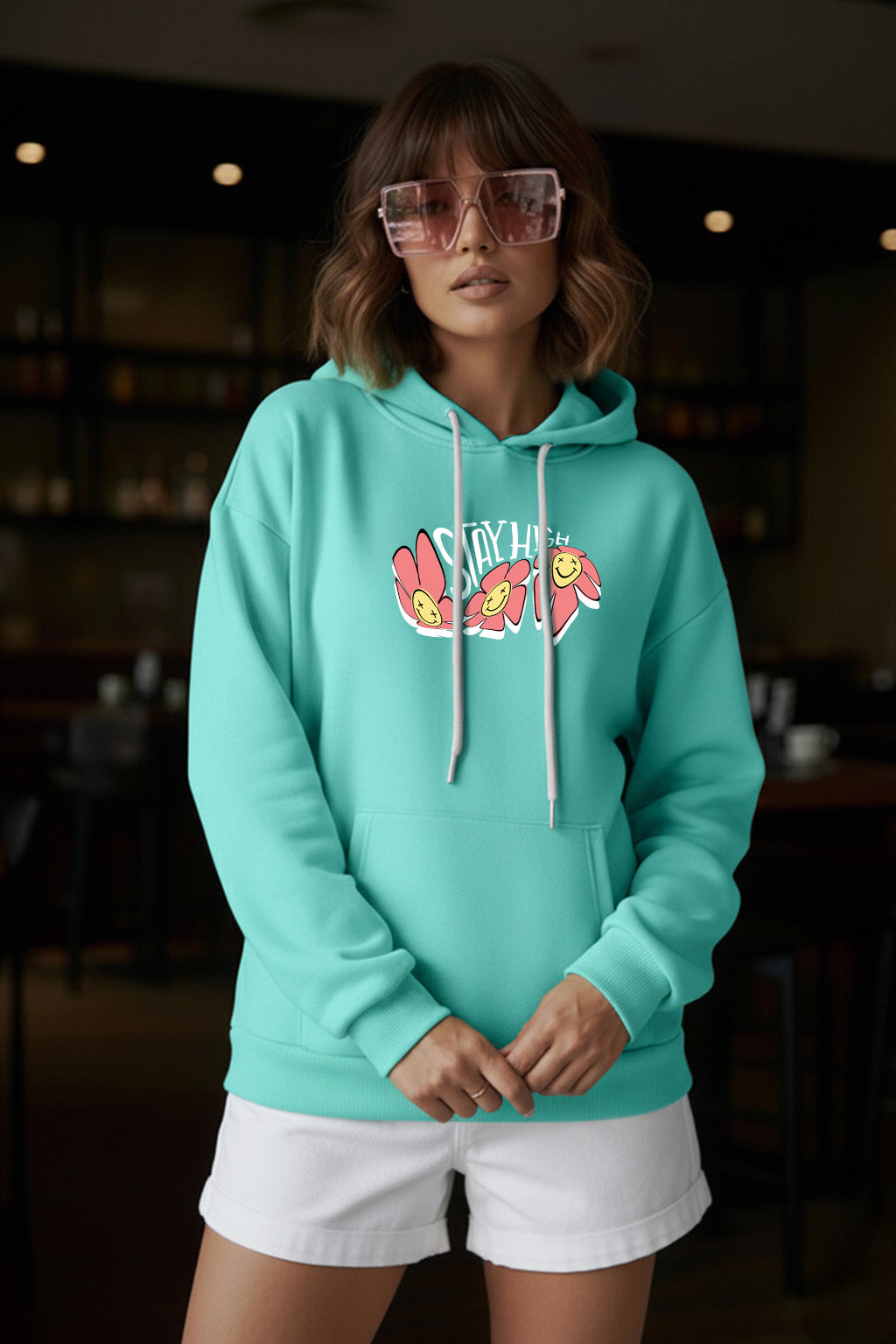 Stay High Graphic Printed Green Oversized Hoodie