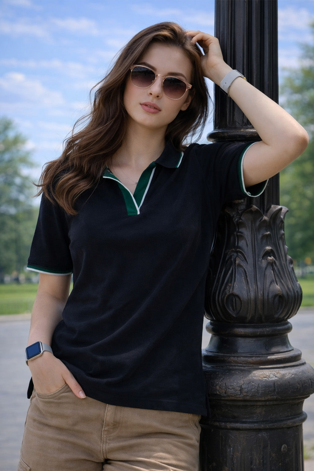 Stripe Collar Black Regular Fit Premium Pique Lycra Polo T-Shirt