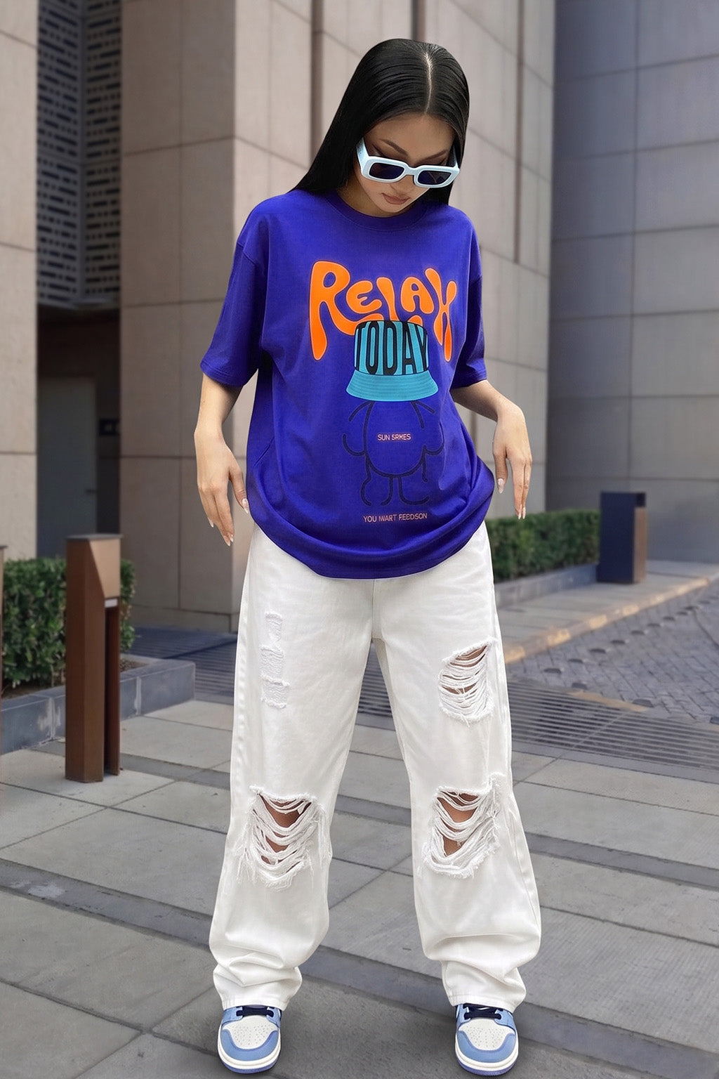 Relax Today Graphic Printed Oversized Fit Royal Blue T-Shirt