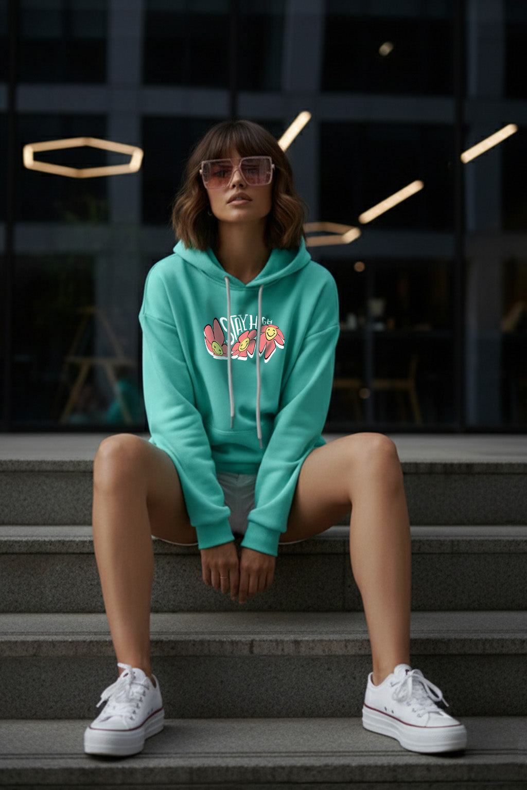 Stay High Graphic Printed Green Oversized Hoodie