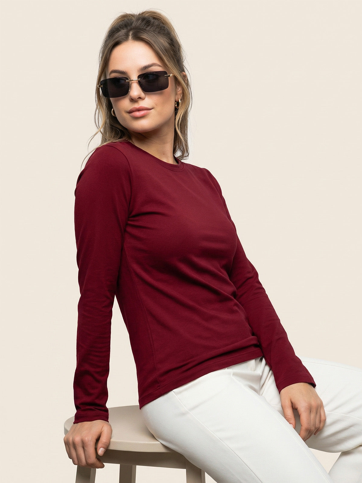 Maroon Plain Full Sleeve Regular Fit T-Shirt