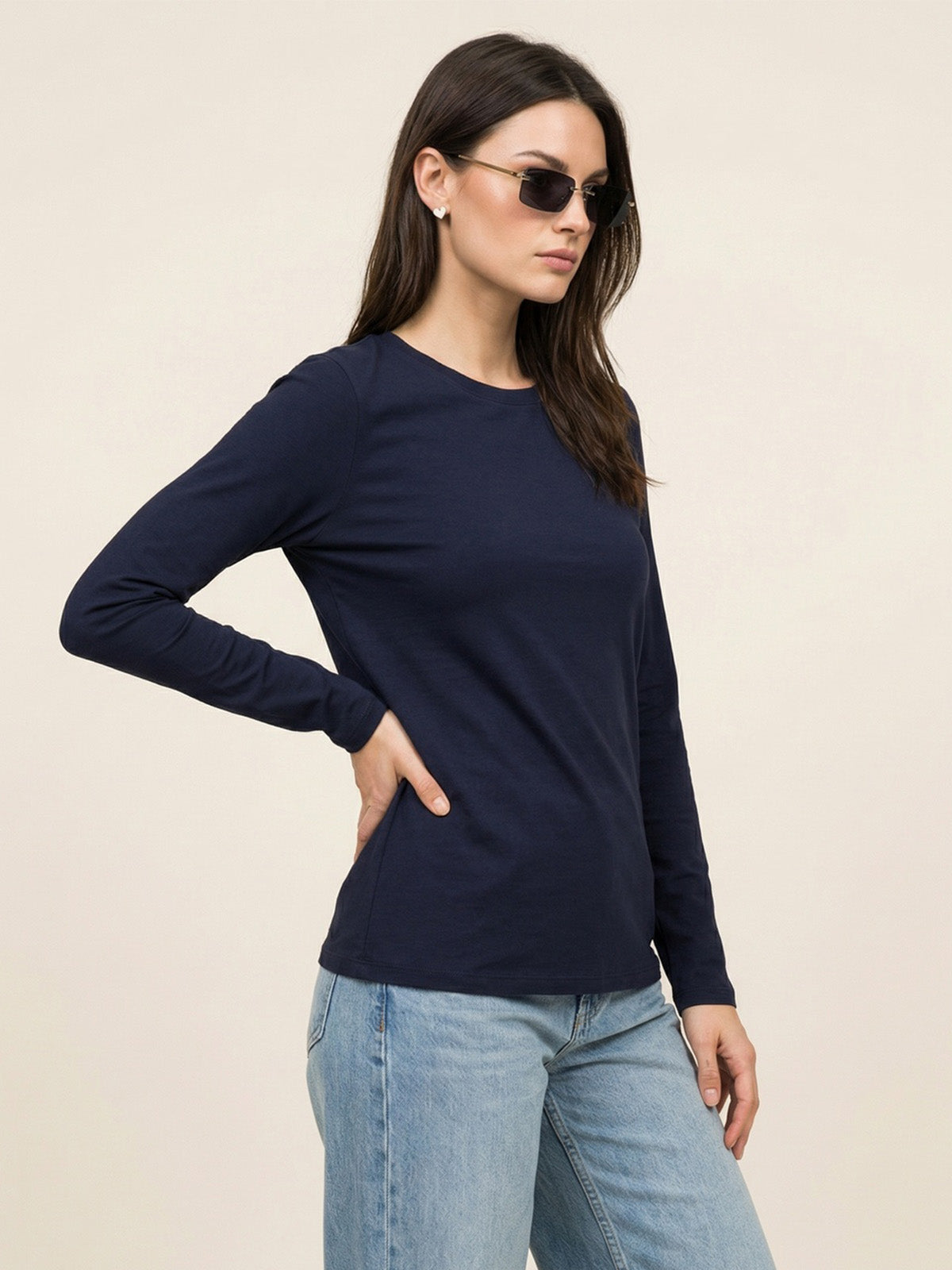 Navy Plain Full Sleeve Regular Fit T-Shirt