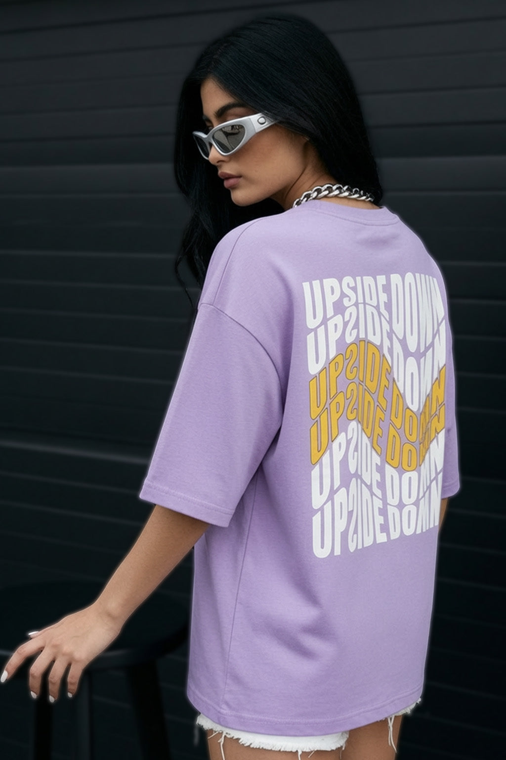 Upside Down Lilac Graphic Printed Oversized T-Shirt
