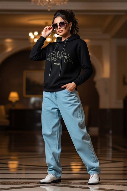 Angree Black Oversized Fit Graphic Hoodie