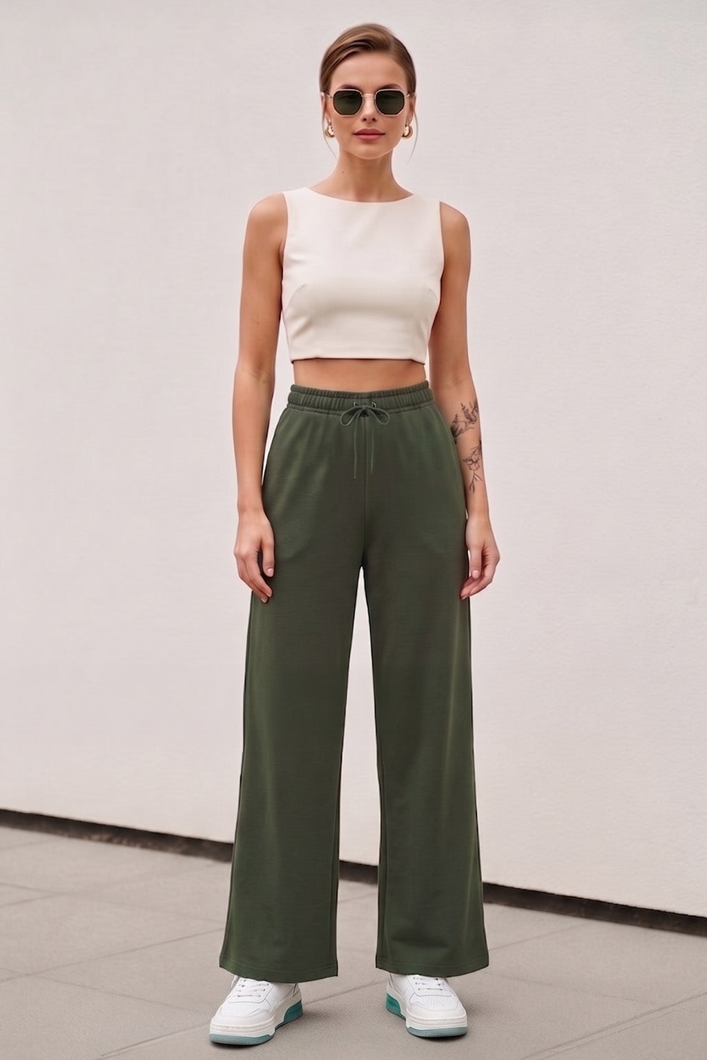 Olive Plain Wide Leg Track pant