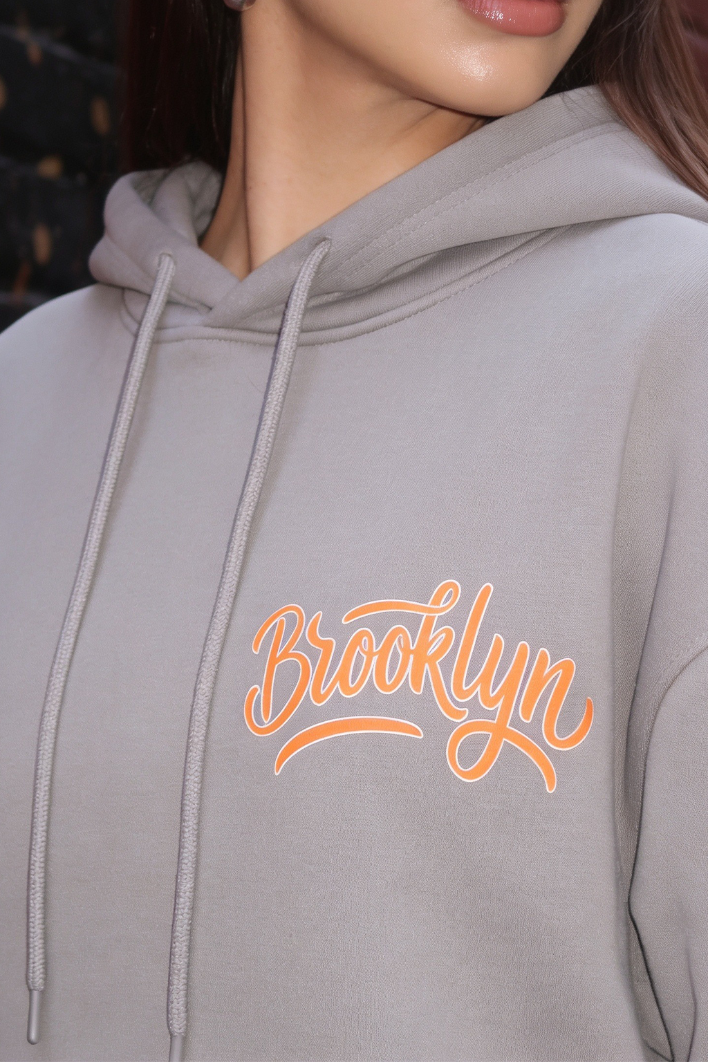Brooklyn Typographic Printed Grey Oversized Hoodie
