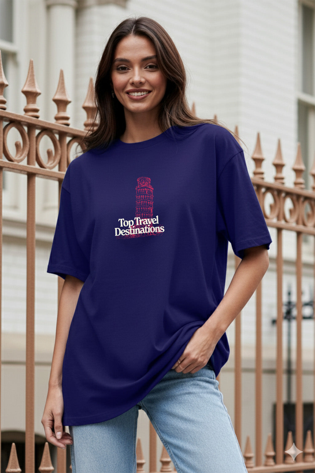 Travel Destinations Royal Blue Oversized Fit Printed T-Shirt