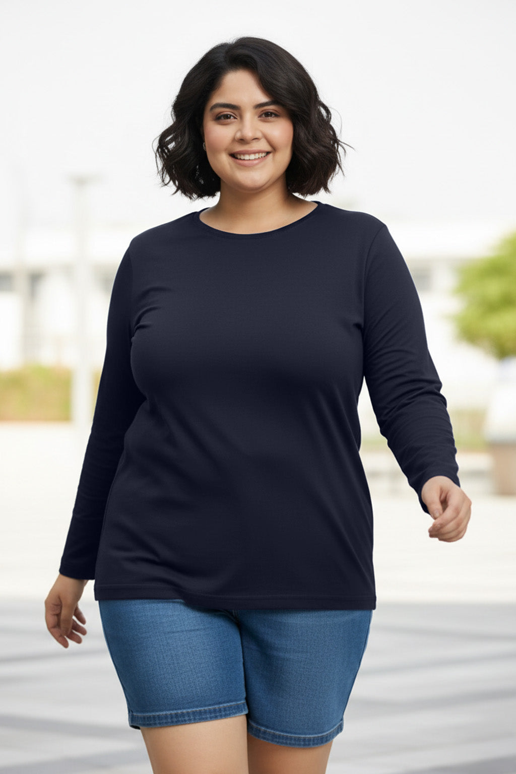 Navy Plain Full Sleeve Plus Size T-shirt
