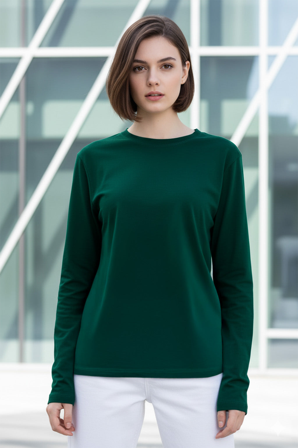 Green Plain Full Sleeve Regular Fit T-Shirt