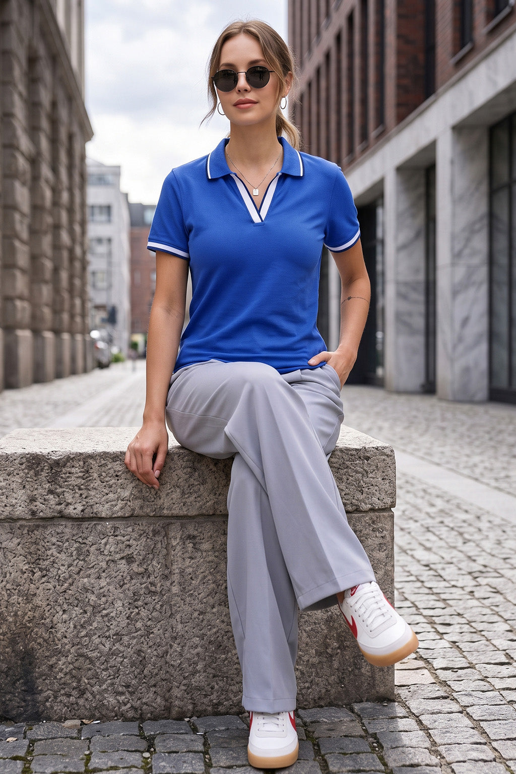 Stripe Collar Blue Regular Fit Premium Pique Lycra Polo T-Shirt