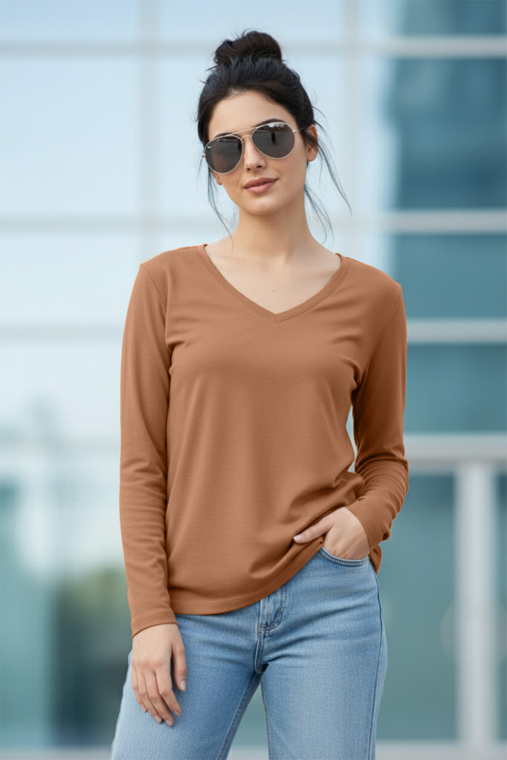 Cork V-Neck Plain Full Sleeve Regular Fit T-Shirt
