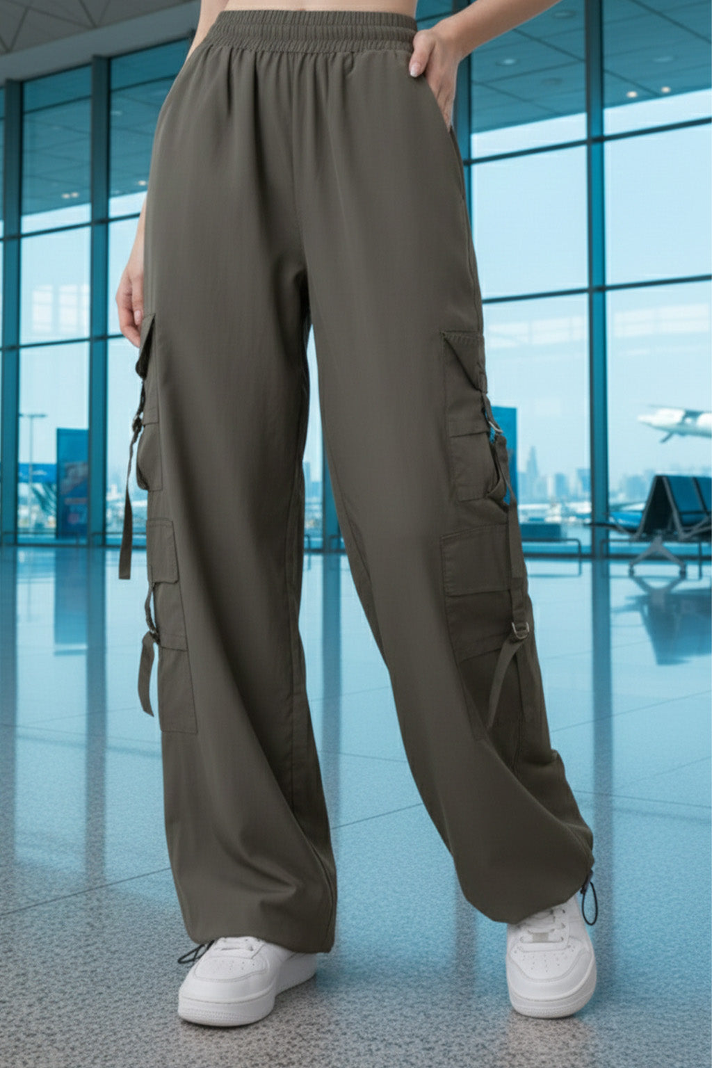 Grey 6-Pocket Drawcord Straight Fit Parachute Pant