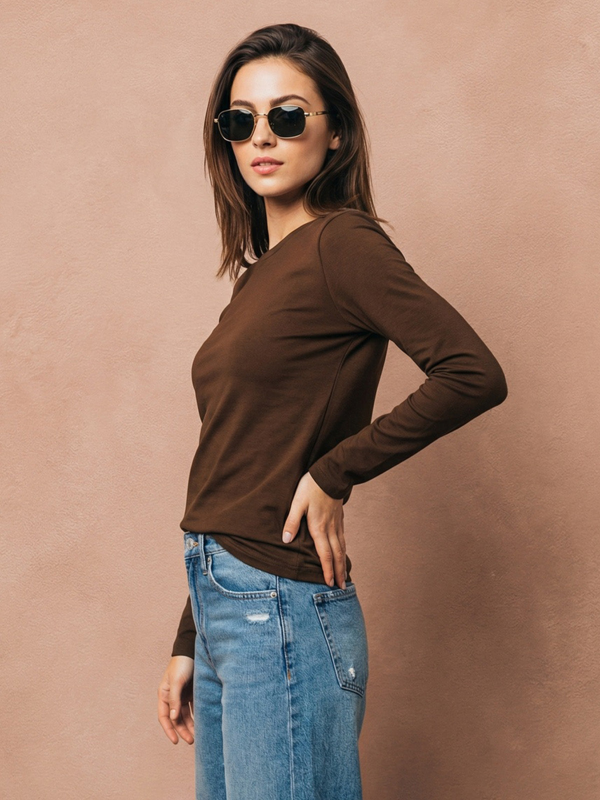 Brown Plain Full Sleeve Regular Fit T-Shirt