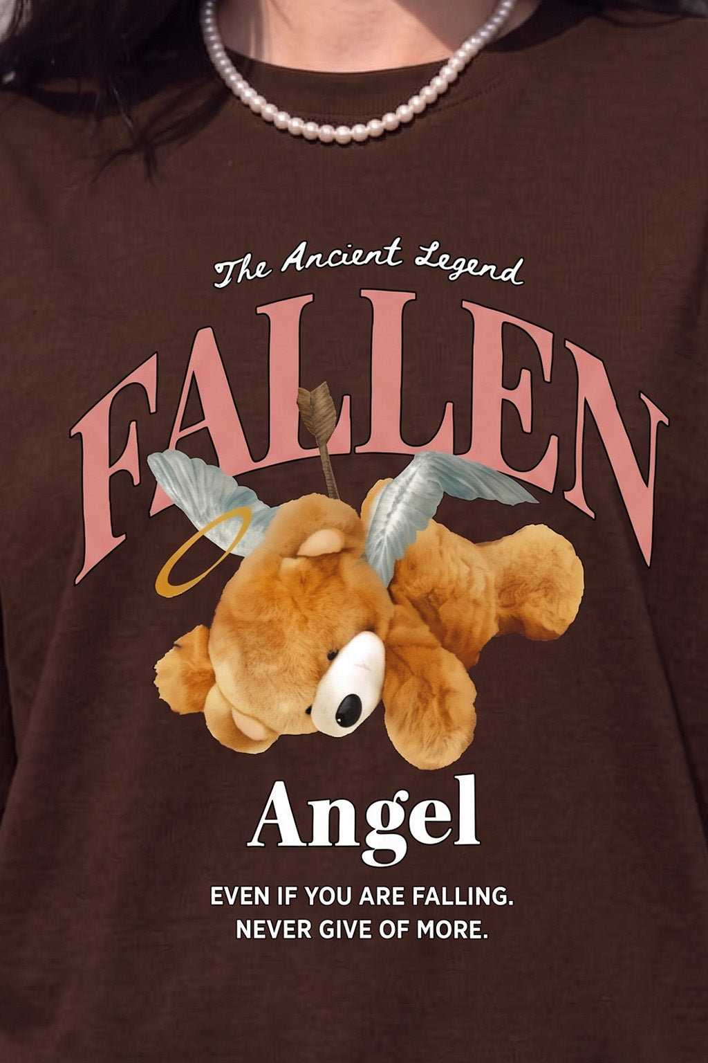 Fallen Angel Brown Oversized Printed T-Shirt
