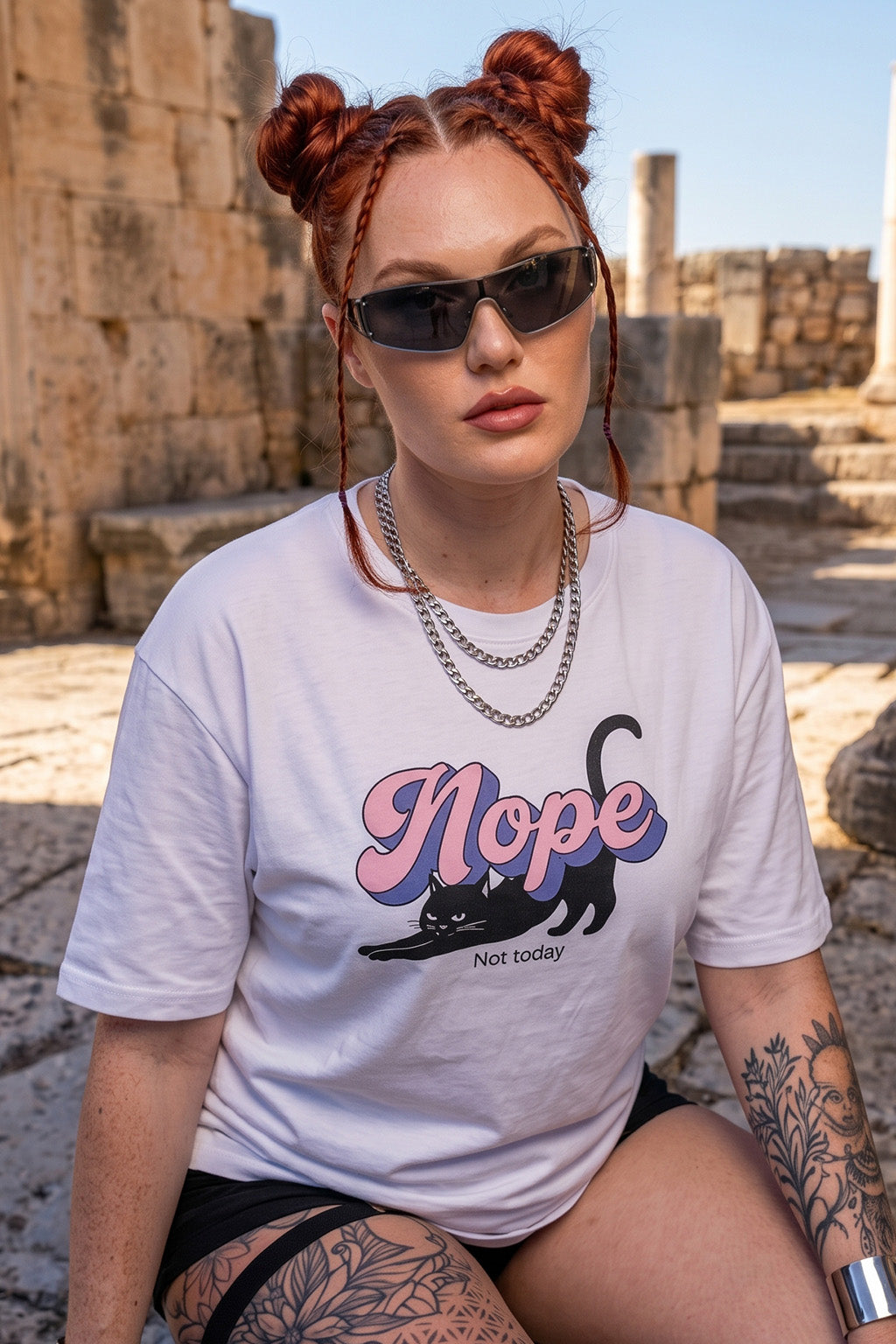 Nope White Oversized Graphic Printed T-Shirt