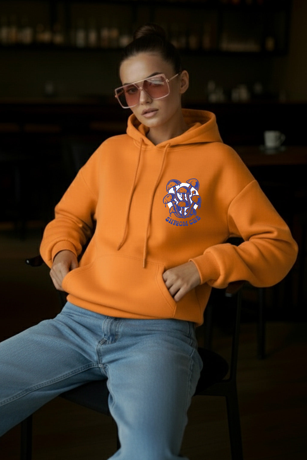 Mushroom Club Graphic Printed Orange Oversized Hoodie