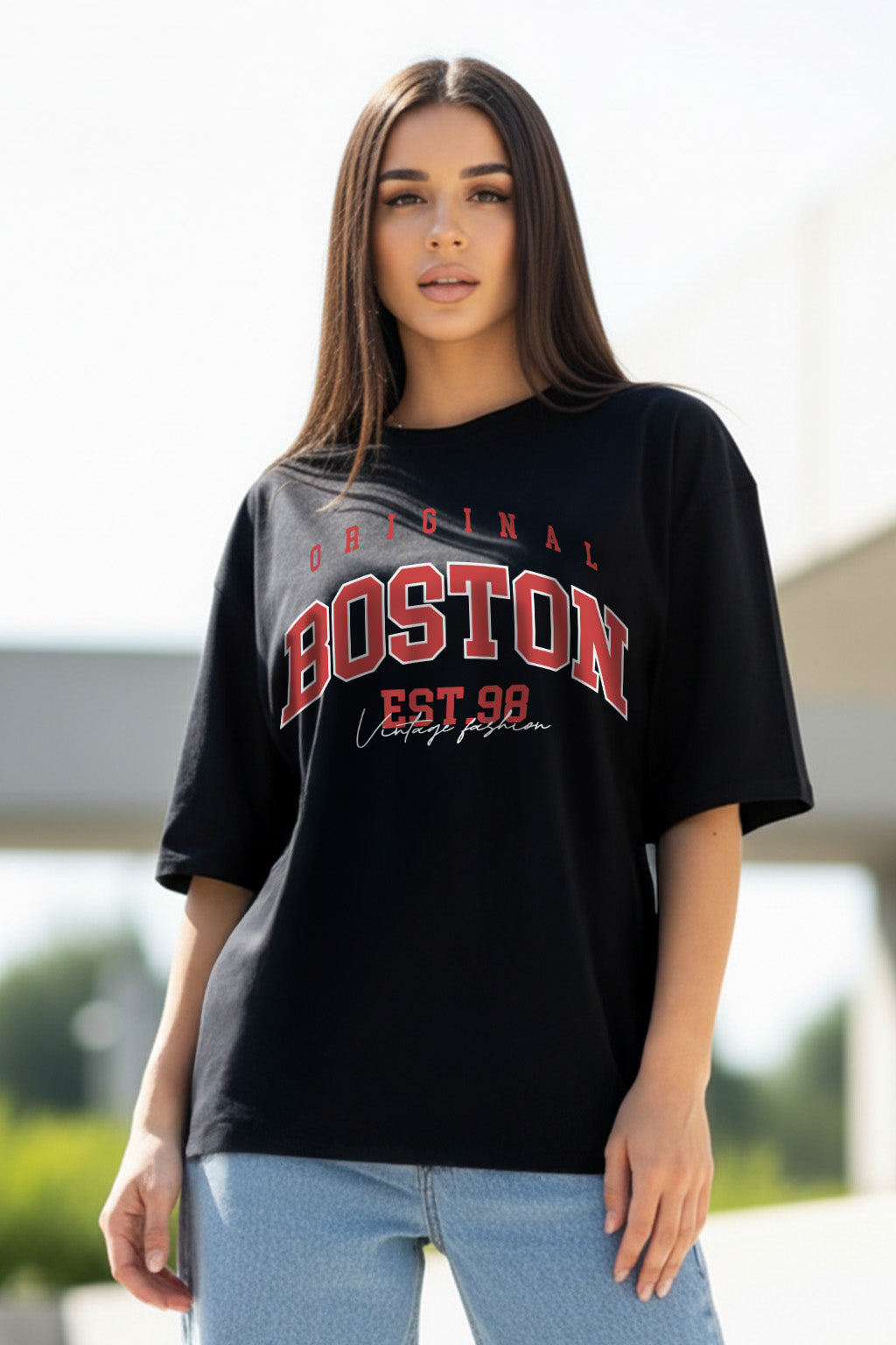 Boston Black Graphic Printed Oversized T-Shirt