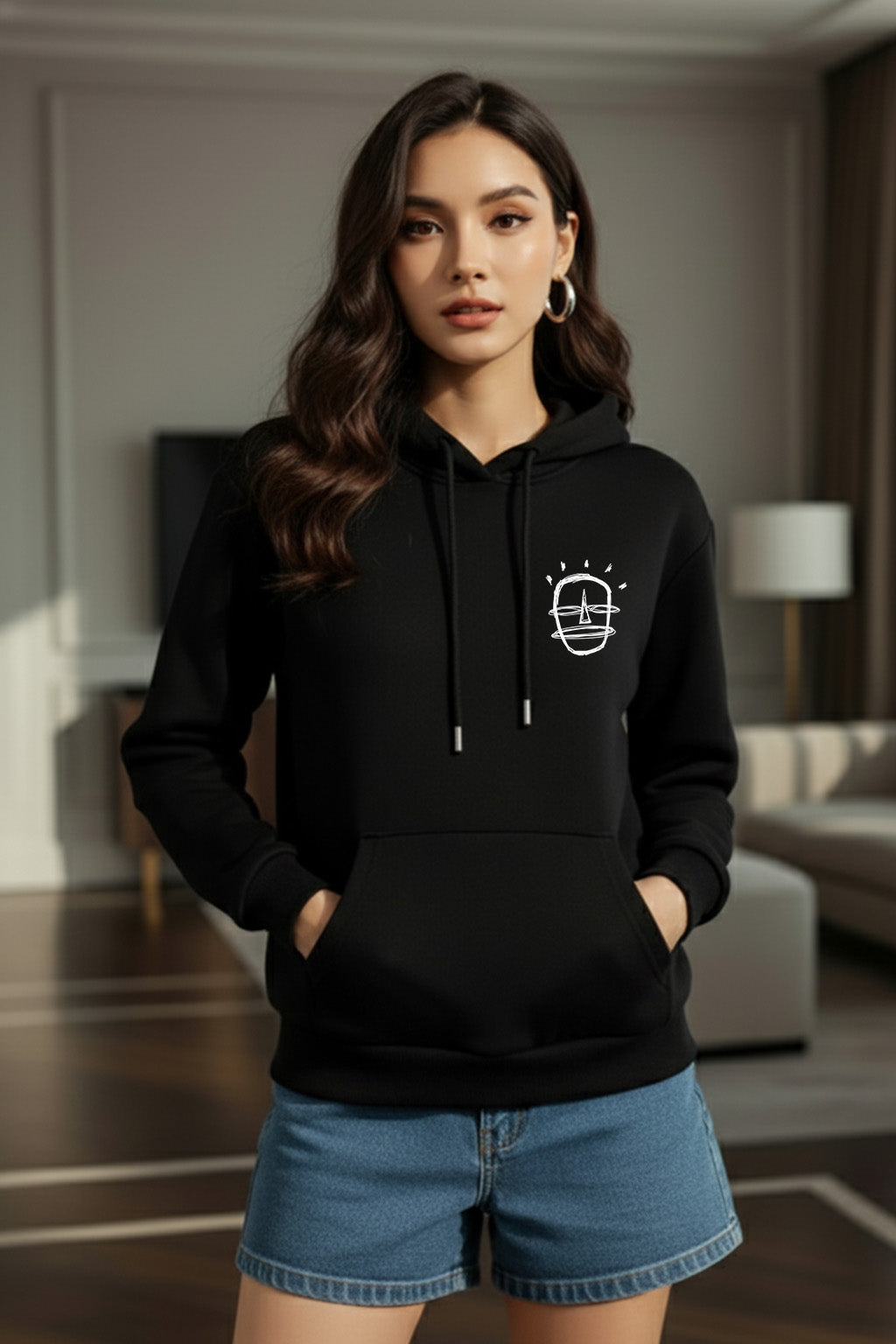 Happy Guy Black Regular Fit Back Printed Hoodie