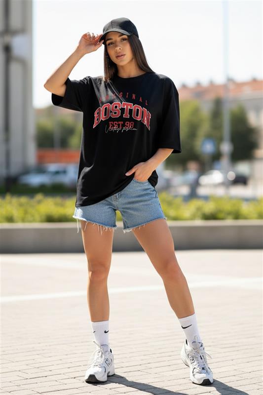 Boston Black Graphic Printed Oversized T-Shirt