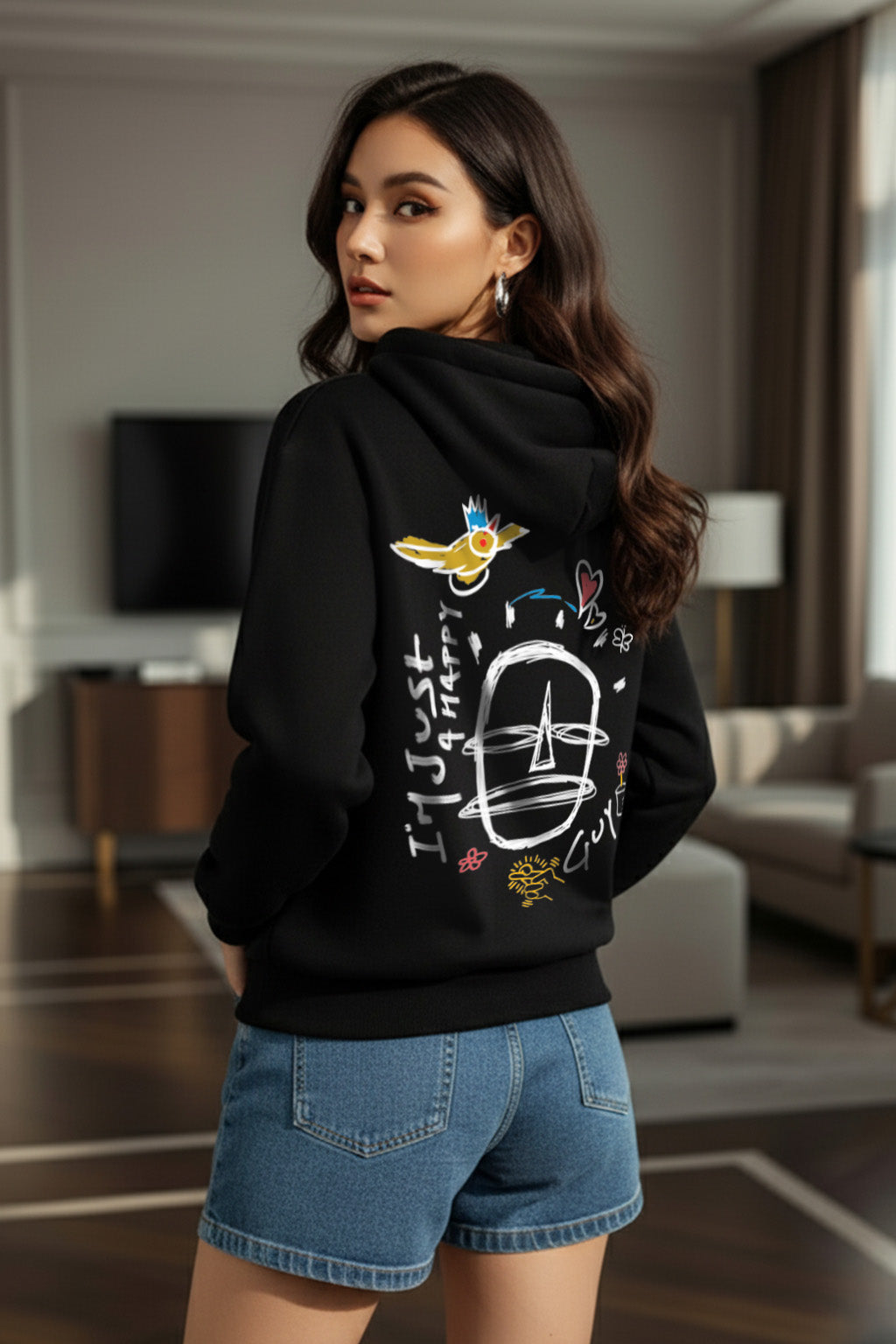 Happy Guy Black Regular Fit Back Printed Hoodie