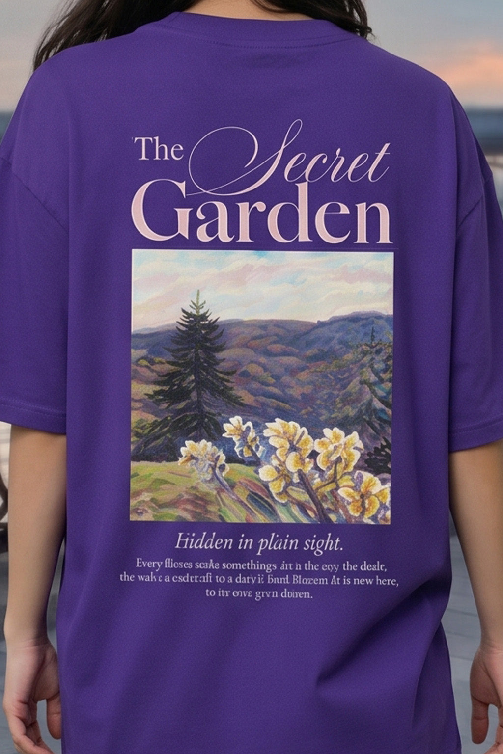 Secret Garden Purple Oversized Graphic Printed T-Shirt