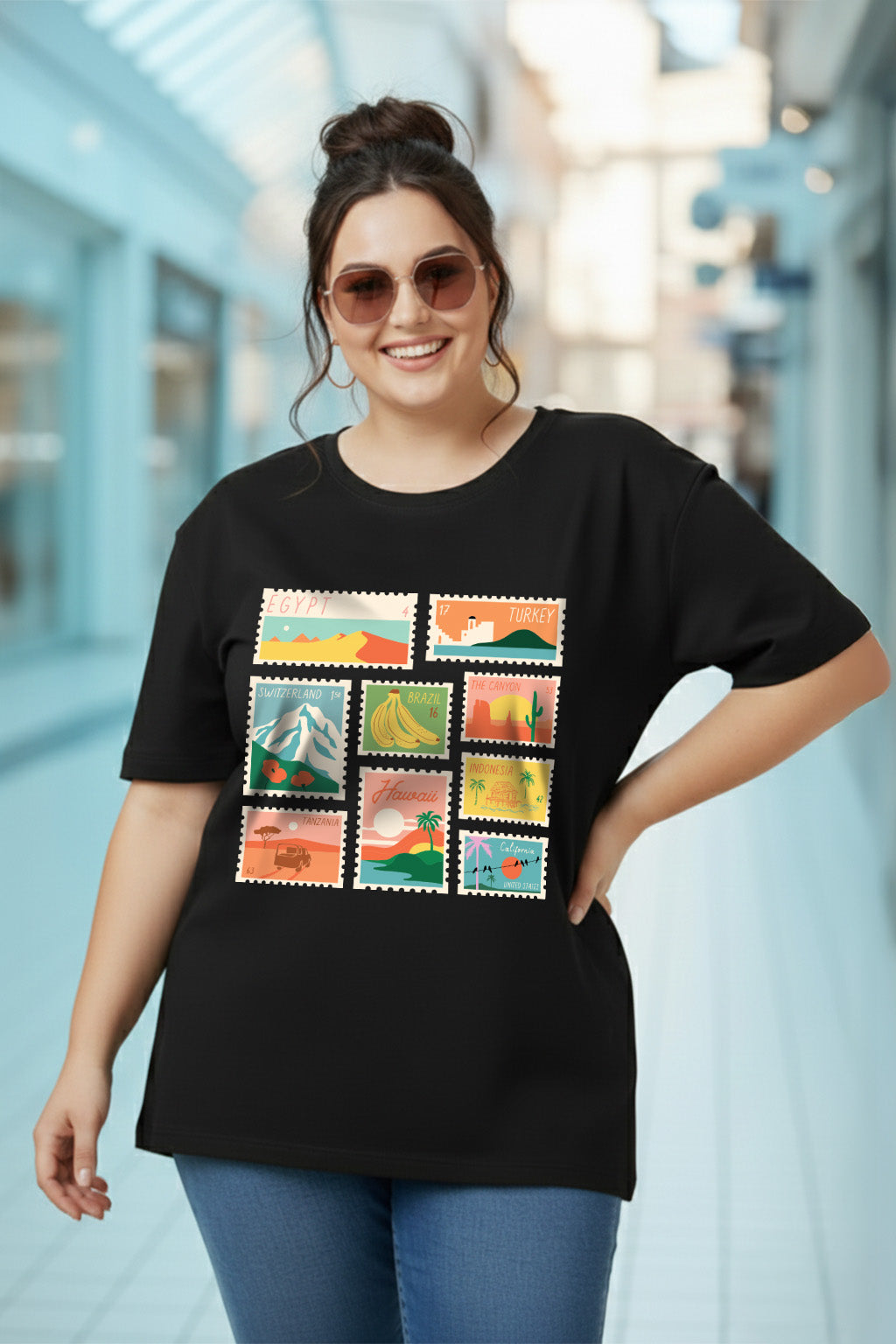 City Travel Black Plus Size Printed T-shirt