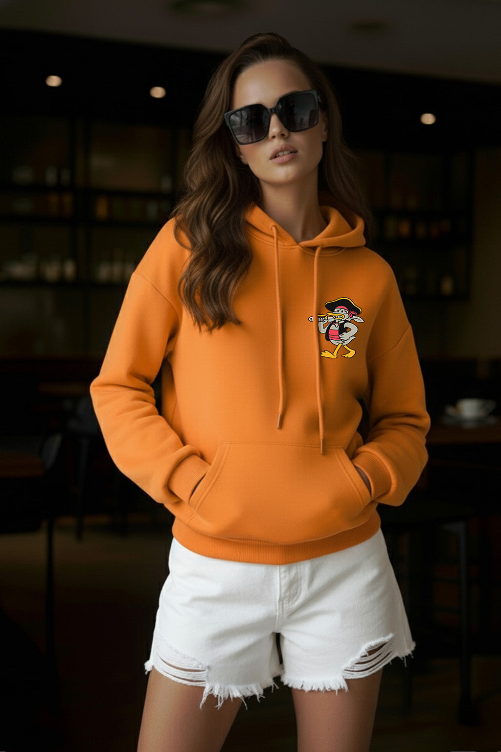 Duck Printed Orange Oversized Hoodie