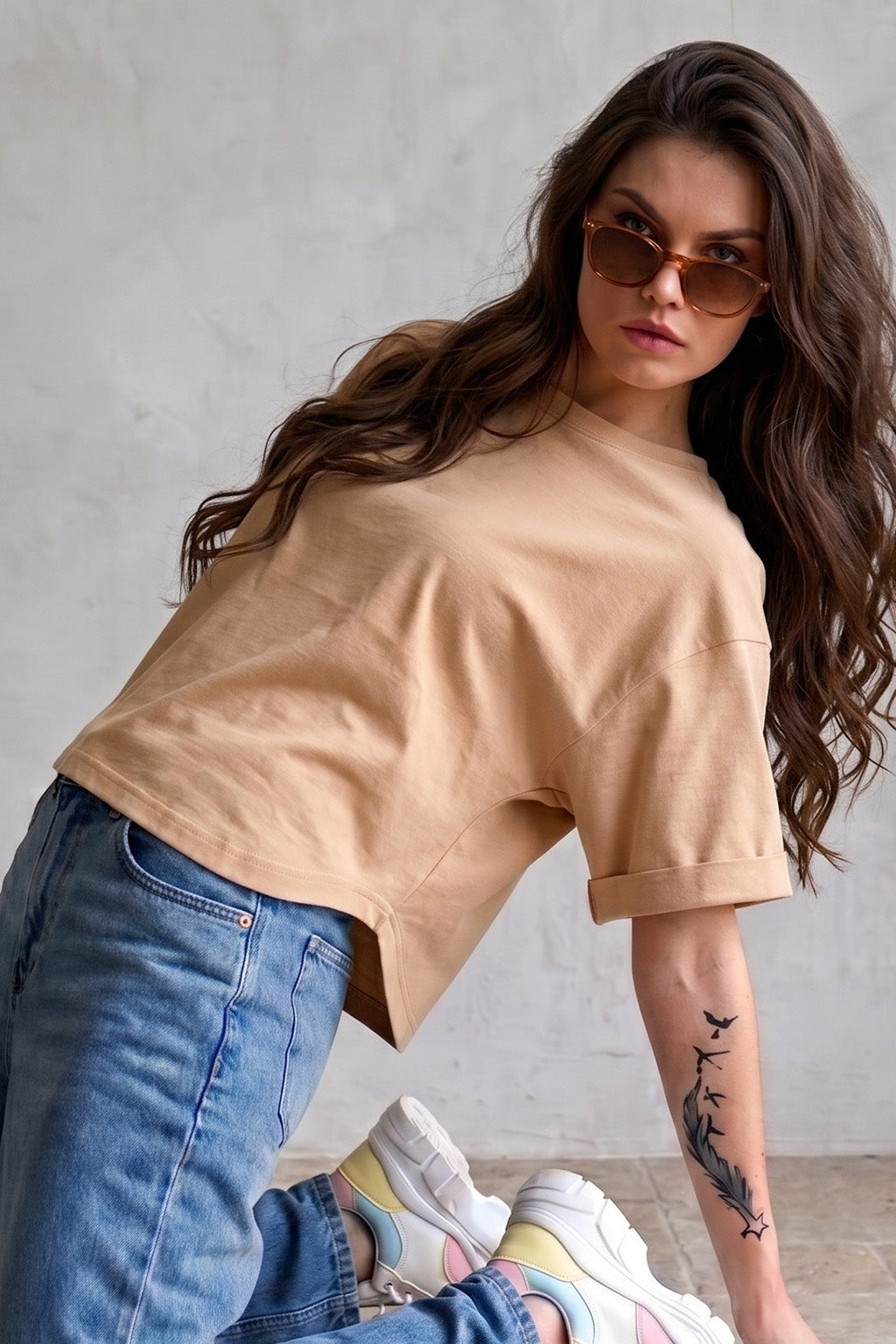 Beige Plain Boyfriend Fit T-Shirt