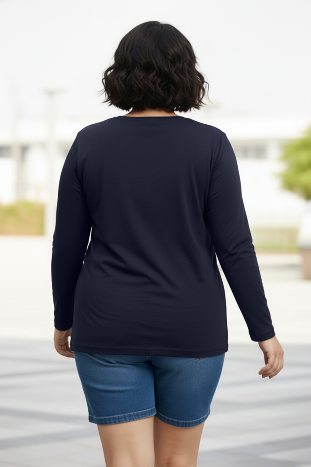Navy Plain Full Sleeve Plus Size T-shirt