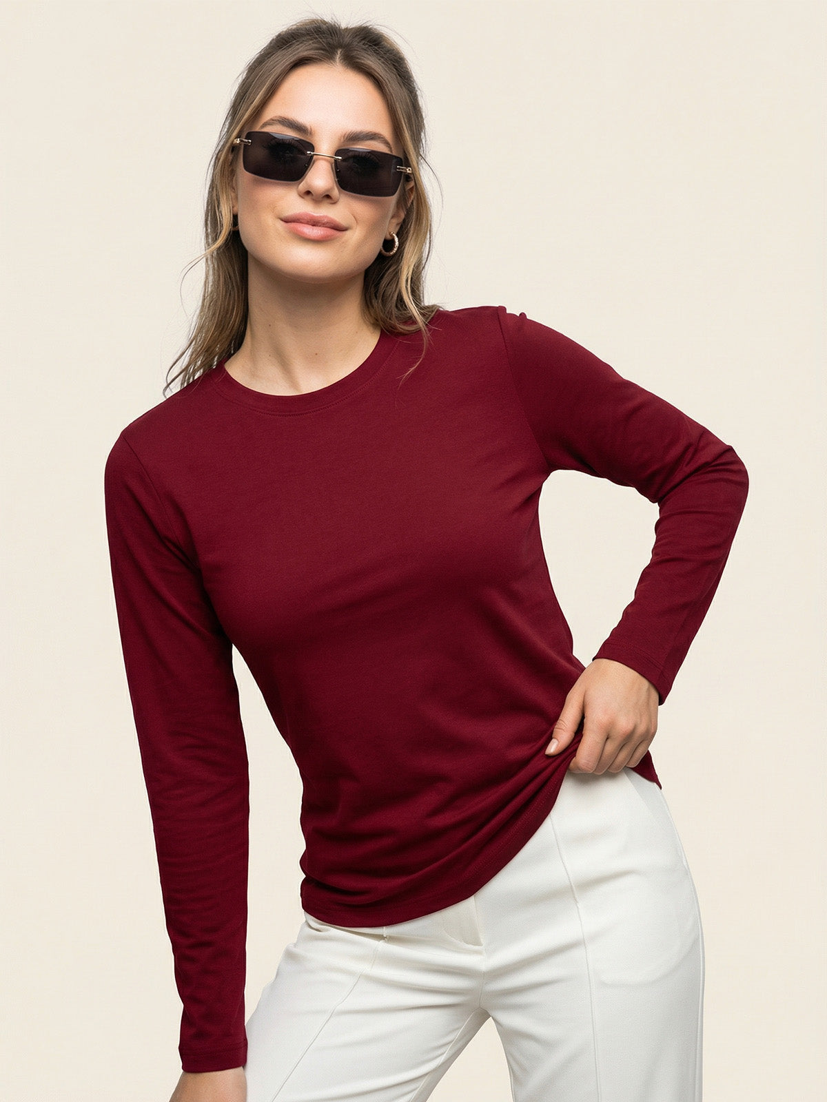 Maroon Plain Full Sleeve Regular Fit T-Shirt