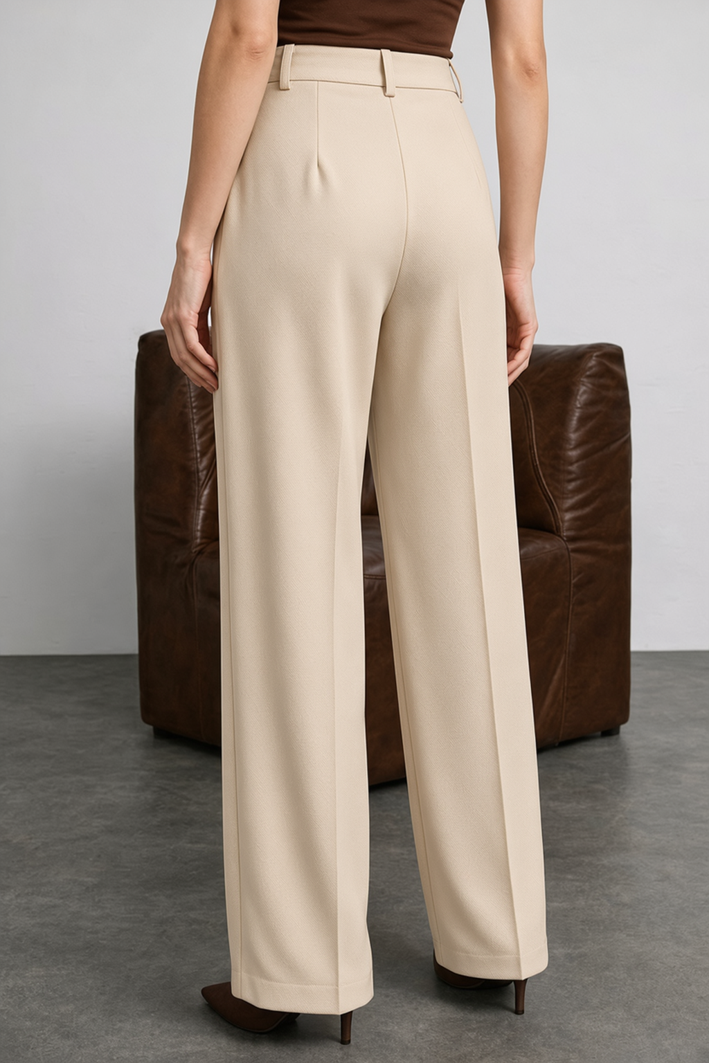 Beige High Rise Pleated Wide-Leg  Korean Pants