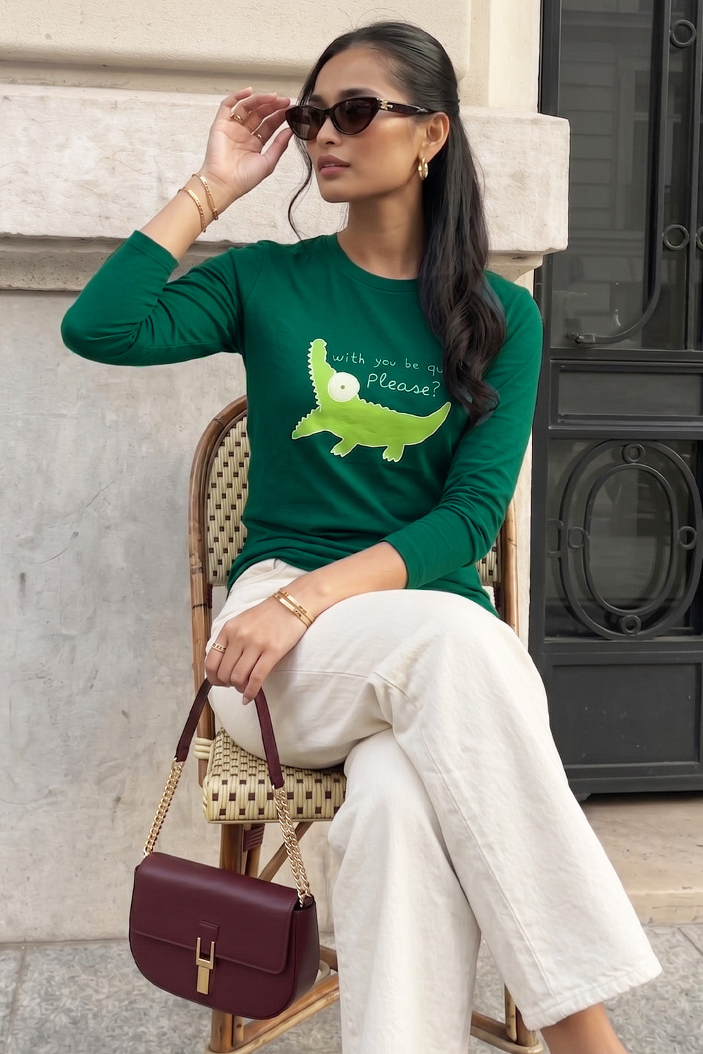 Crocodile Printed Green Full Sleeve Regular Fit T-Shirt