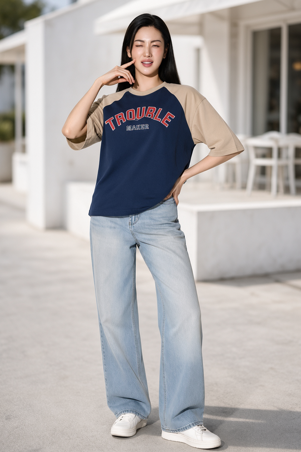 Trouble Maker Navy Blue Oversized Graphic T-Shirt