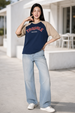 Trouble Maker Navy Blue Oversized Graphic T-Shirt