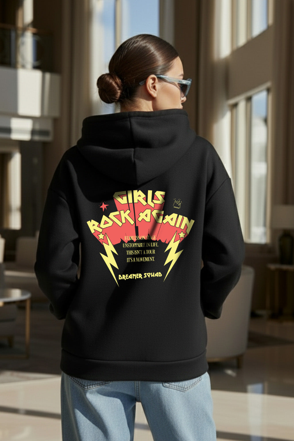 Girls Rock Black Maroon Oversized Printed Hoodie