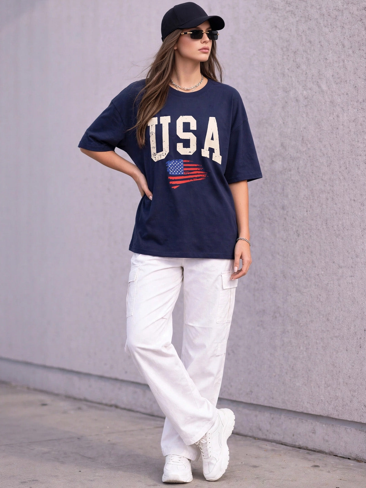 USA Navy Graphic Printed Oversized T-Shirt
