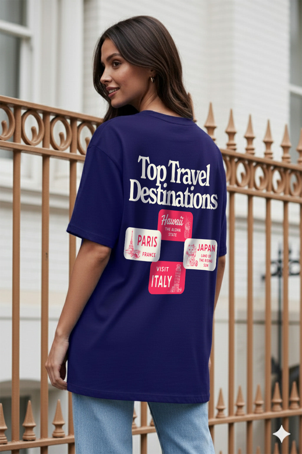 Travel Destinations Royal Blue Oversized Fit Printed T-Shirt