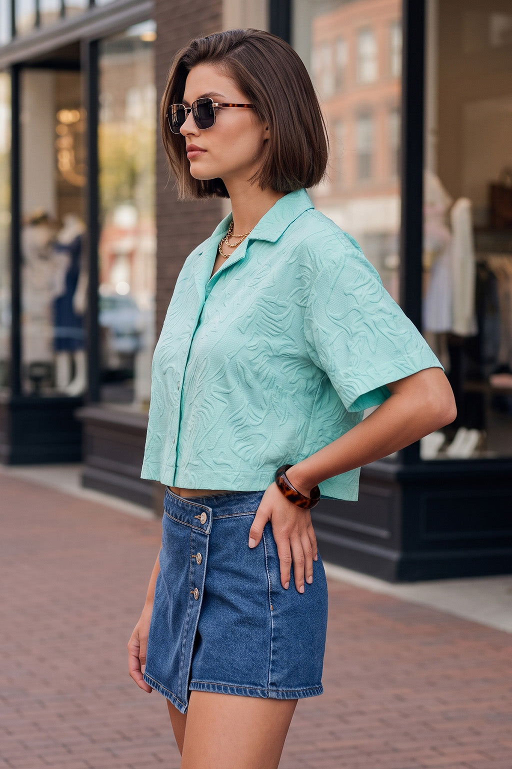 AOP Turquoise Oversized Crop Shirt