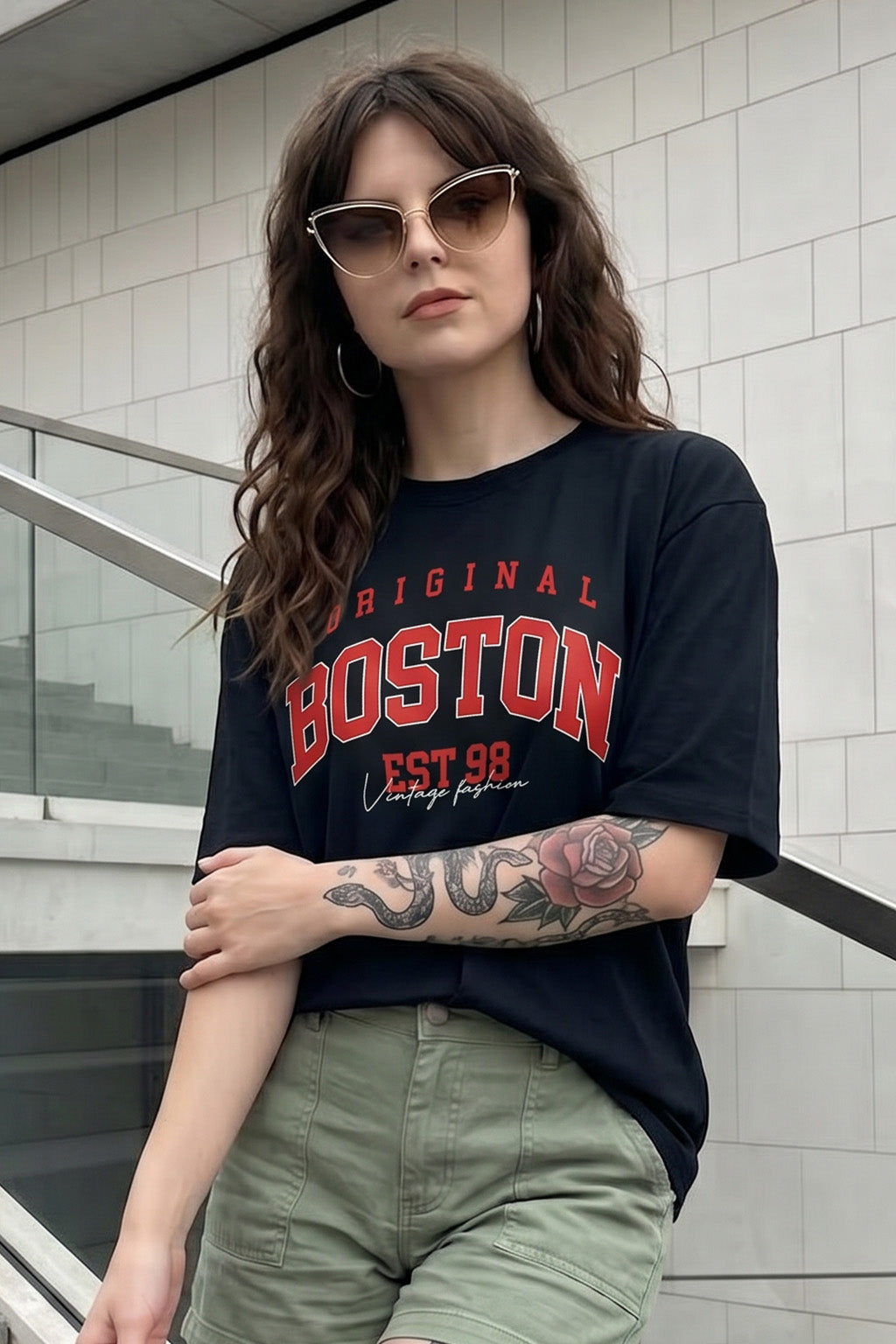 Boston Black Graphic Printed Oversized T-Shirt