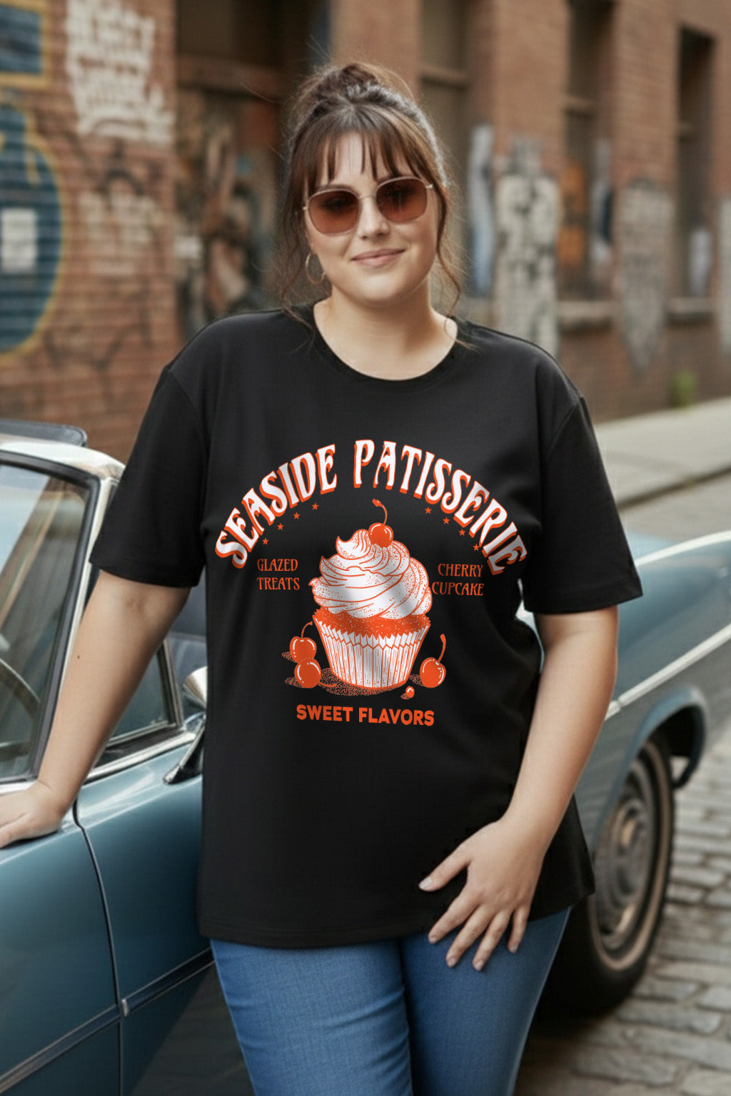 Seaside Travel Black Plus Size Printed T-shirt