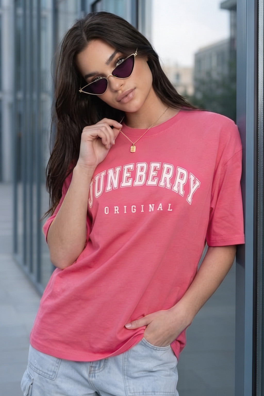 Juneberry Original Pink Oversized Fit Graphic T-Shirt