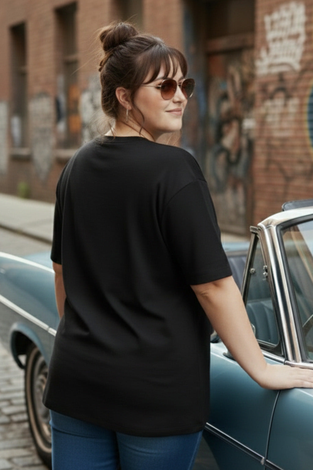 Seaside Travel Black Plus Size Printed T-shirt