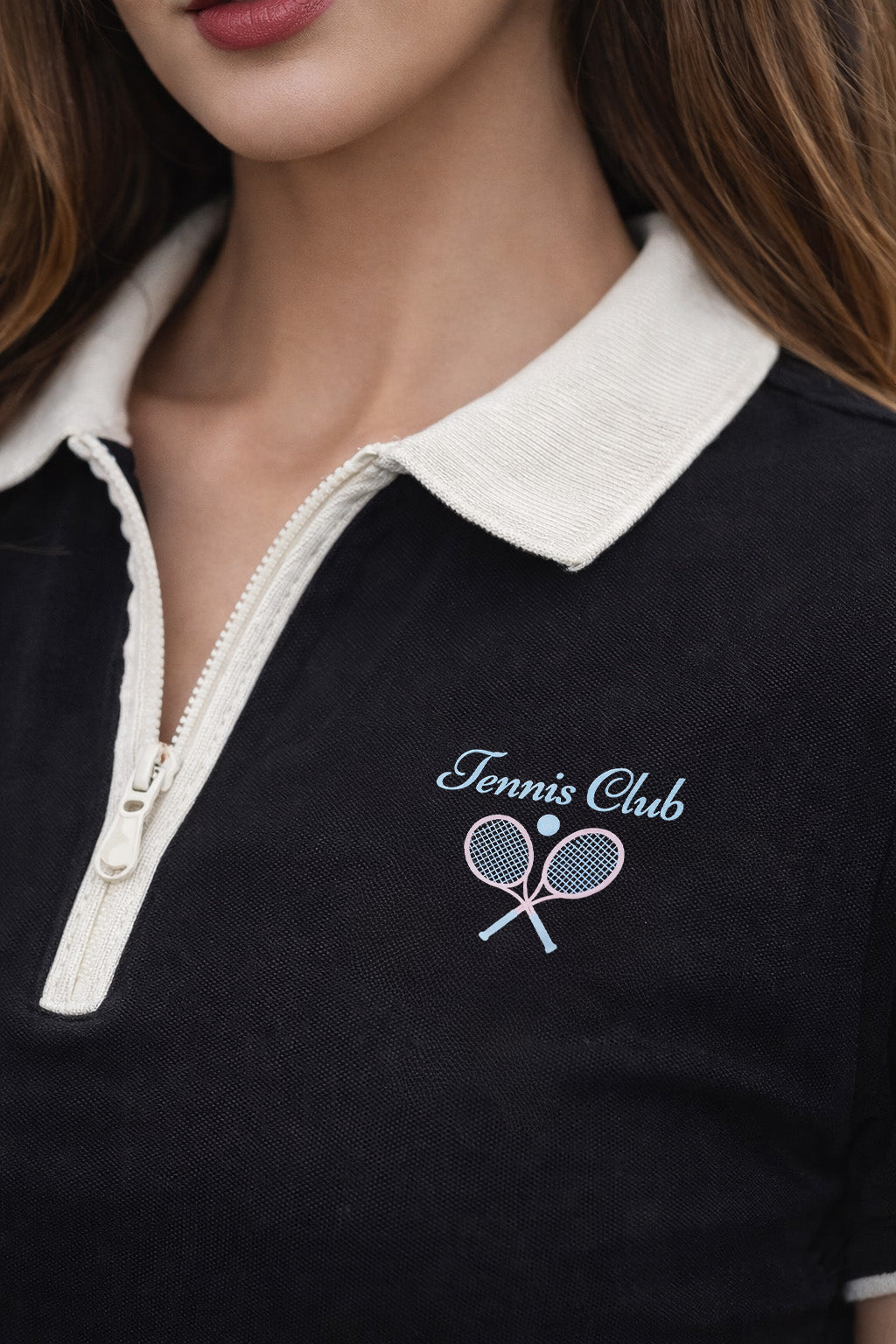 Tennis Club Black Regular Fit Premium Pique Lycra Zipper Polo T-Shirt