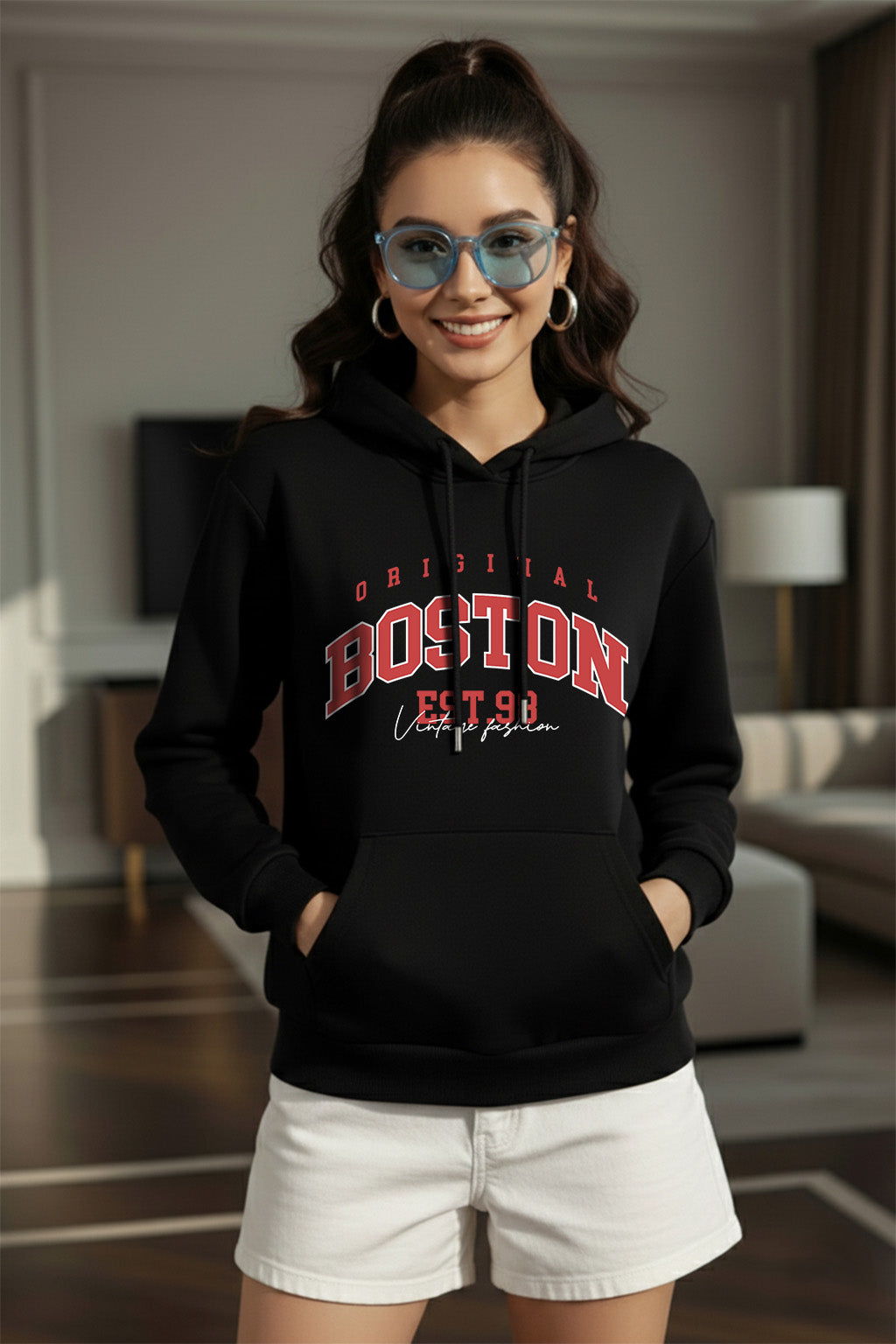 Boston Black Regular Fit Front Printed Hoodie