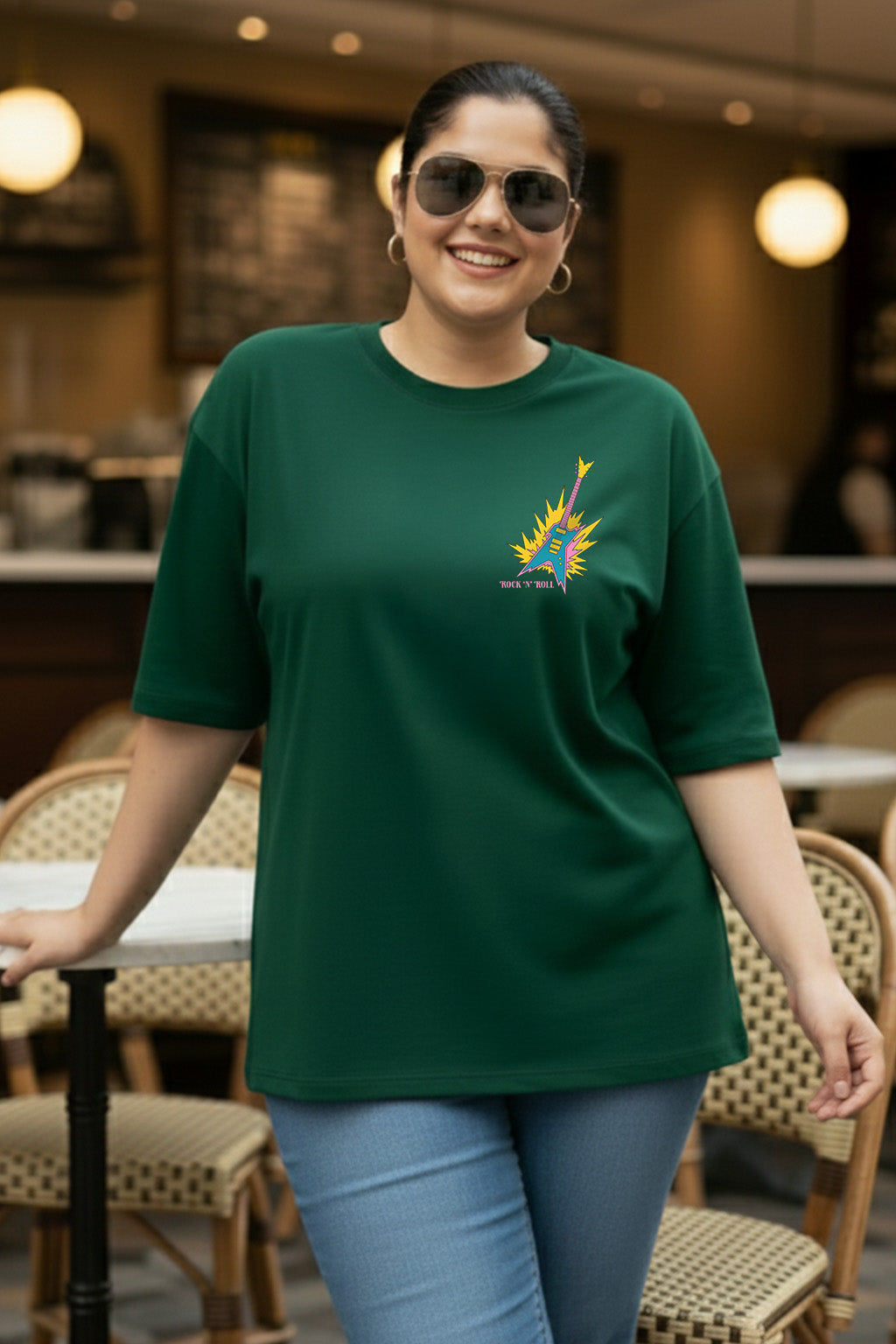 Rock And Roll Green Printed Plus Size T-shirt