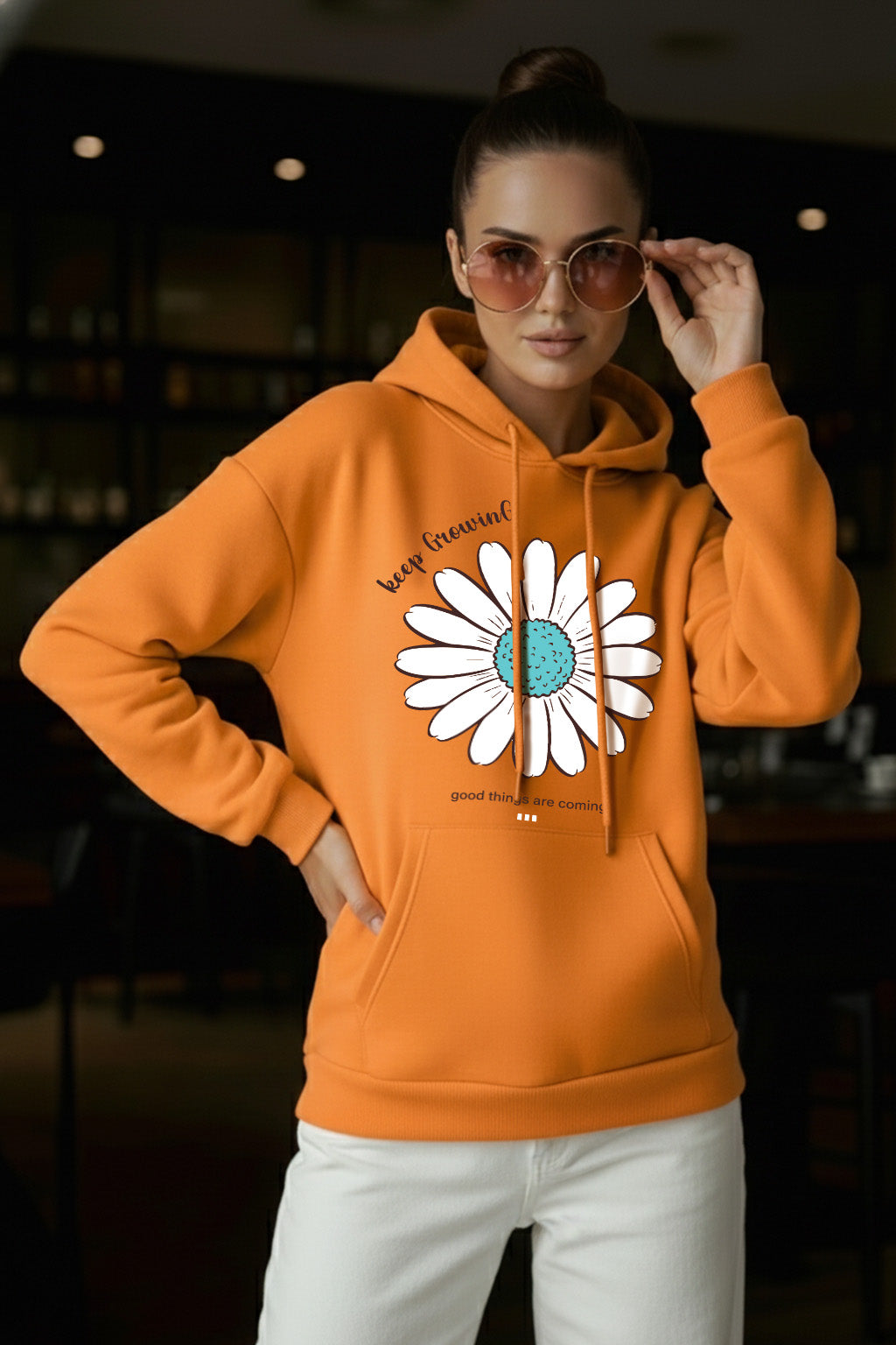 Keep Growing Graphic Printed Orange Oversized Hoodie